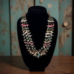 Fetish Necklace Vtg Multi (5) Strand Bird Turquoise Shell & Sterling Silver 24”